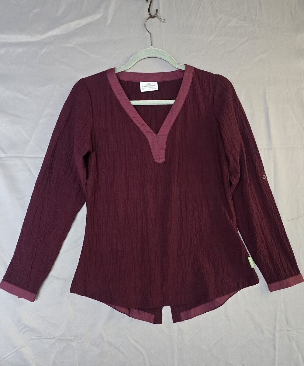 Kathmandu Blouse Womens 8 Purple Crinkle V Neck Long Roll Tab Sleeve Tunic Top
